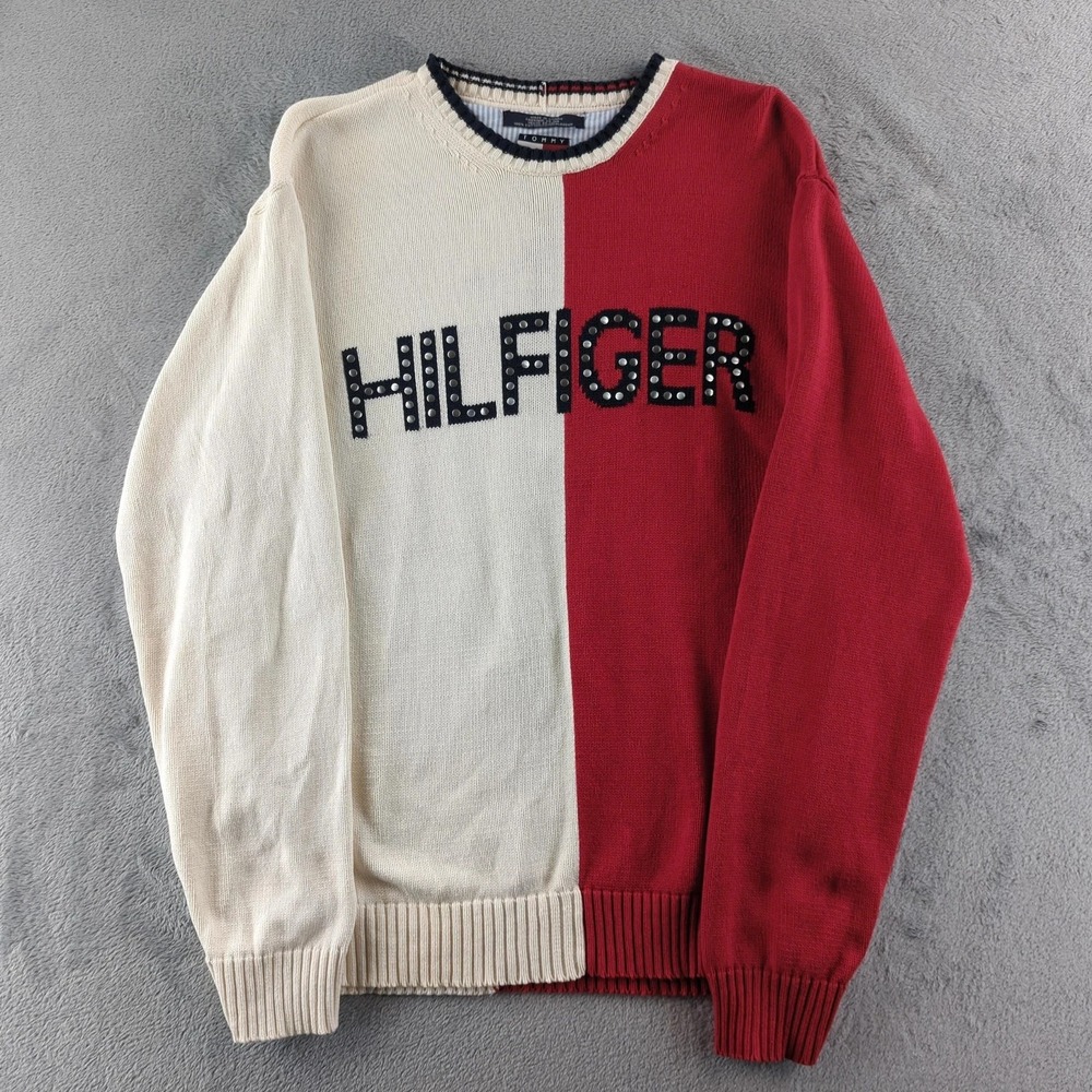 Vintage 90s Tommy Jeans Sweater Large Red Cream Spellout Studded‎ Stars Pullover